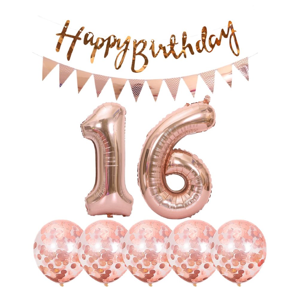 2 Balloons Number 16+ haappy Birthday Garland + Rose Gold Banner foil Balloon 16th Birthday Decoration+5 Confetti Balloons boy Girl 16 Year Birthday Decoration Number Balloon 16 Balloons 16 Birthday