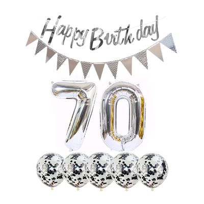 2 Balloons Number 70+ haappy Birthday Garland + Silver Banner foil Balloon 70th Birthday Decoration+5 Confetti Balloons boy Girl 70 Year Birthday Decoration Number Balloon 70 Balloons 70 Birthday