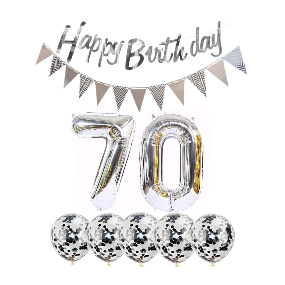 2 Balloons Number 70+ haappy Birthday Garland + Silver Banner foil Balloon 70th Birthday Decoration+5 Confetti Balloons boy Girl 70 Year Birthday Decoration Number Balloon 70 Balloons 70 Birthday