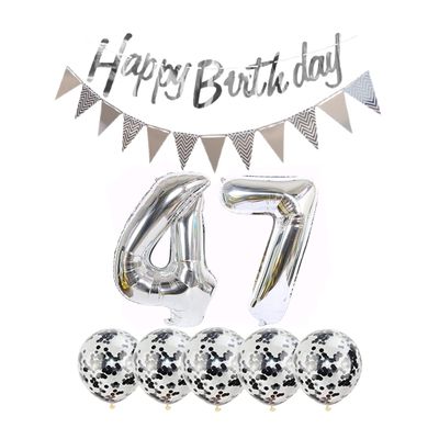 2 Balloons Number 47 + haappy Birthday Garland + Silver Banner foil Balloon 47th Birthday Decoration+5 Confetti Balloons boy Girl 47 Year Birthday Decoration Number Balloon 47 Balloons 47 Birthday