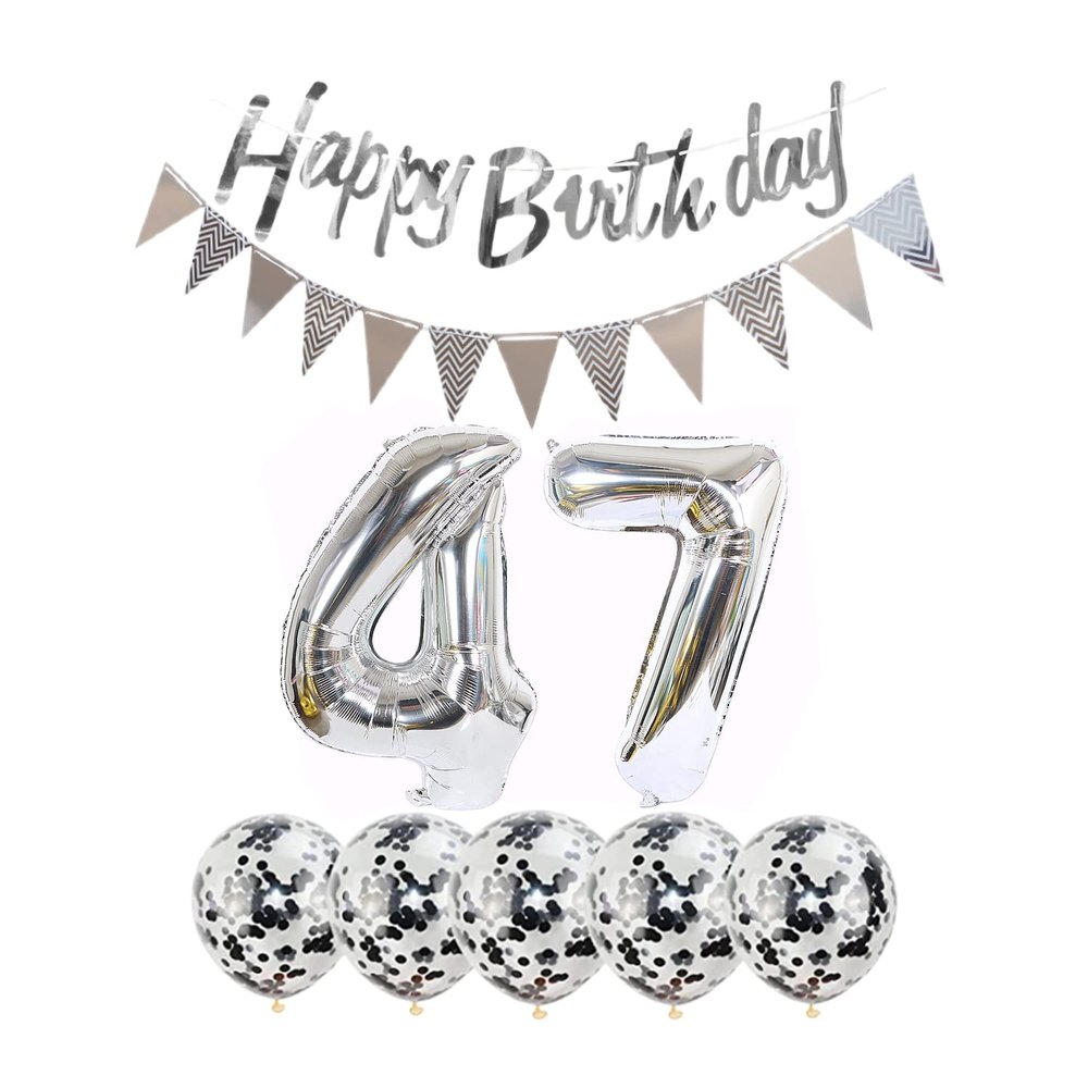 2 Balloons Number 47 + haappy Birthday Garland + Silver Banner foil Balloon 47th Birthday Decoration+5 Confetti Balloons boy Girl 47 Year Birthday Decoration Number Balloon 47 Balloons 47 Birthday