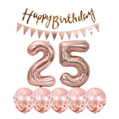 2 balloons number 25+ haappy birthday garland + Rose Gold banner foil balloon 25th birthday decoration+5 confetti balloons boy girl 25 Year birthday decoration number balloon 25 balloons 25 birthday