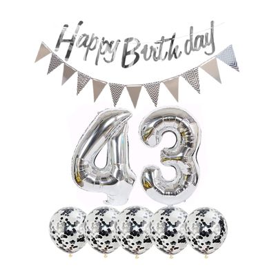 2 Balloons Number 43 + Happy Birthday Garland + Silver Banner foil Balloon 43th Birthday Decoration+5 Confetti Balloons boy Girl 43 Year Birthday Decoration Number Balloon 43 Balloons 43 Birthday