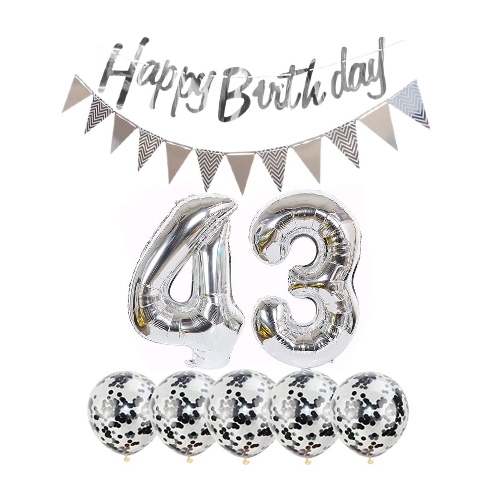 2 Balloons Number 43 + Happy Birthday Garland + Silver Banner foil Balloon 43th Birthday Decoration+5 Confetti Balloons boy Girl 43 Year Birthday Decoration Number Balloon 43 Balloons 43 Birthday
