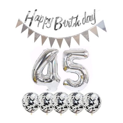 2 balloons number 45 + haappy birthday garland + silver banner foil balloon 45th birthday decoration+5 confetti balloons boy girl 45 year birthday decoration number balloon 45 balloons 45 birthday