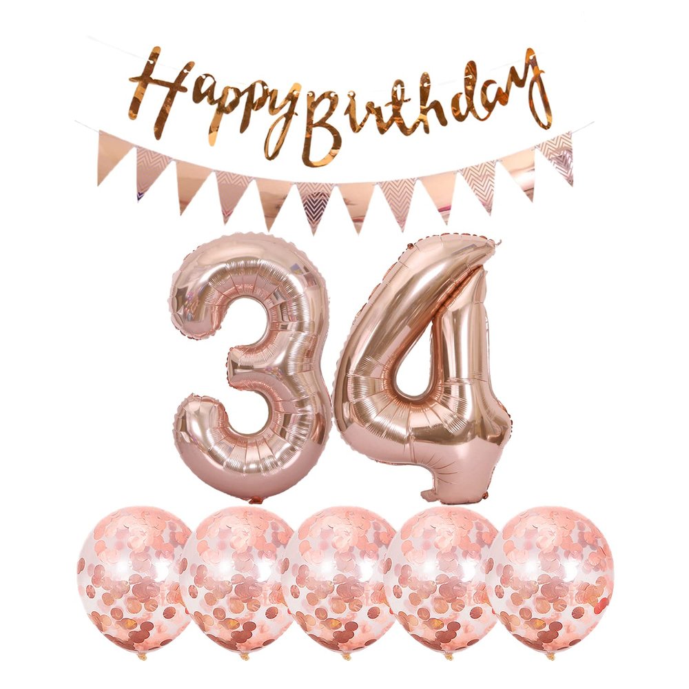 2 Balloons Number 34+ haappy Birthday Garland + Rose Gold Banner foil Balloon 34th Birthday Decoration+5 Confetti Balloons boy Girl 34 Year Birthday Decoration Number Balloon 34 Balloons 34 Birthday