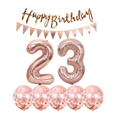 2 Balloons Number 23+ haappy Birthday Garland + Rose Gold Banner foil Balloon 23th Birthday Decoration+5 Confetti Balloons boy Girl 23 Year Birthday Decoration Number Balloon 23 Balloons 23 Birthday