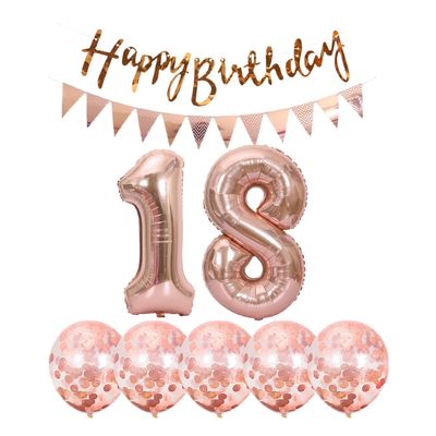 2 Balloons Number 18+ haappy Birthday Garland + Rose Gold Banner foil Balloon 18th Birthday Decoration+5 Confetti Balloons boy Girl 18 Year Birthday Decoration Number Balloon 18 Balloons 18 Birthday