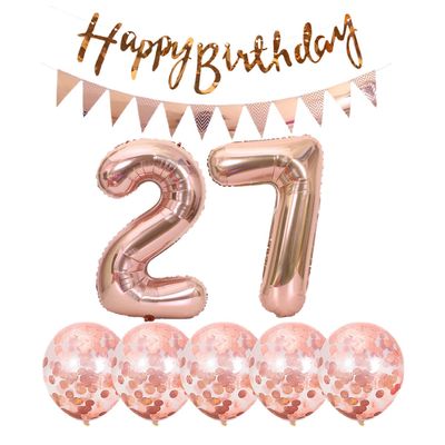2 balloons number 27+ haappy birthday garland + Rose Gold banner foil balloon 27th birthday decoration+5 confetti balloons boy girl 27 Year birthday decoration number balloon 27 balloons 27 birthday