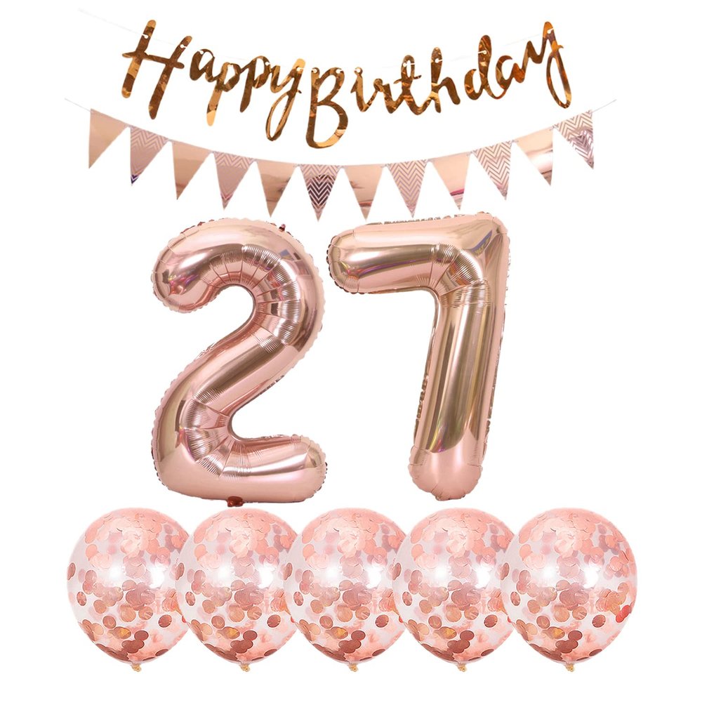 2 balloons number 27+ haappy birthday garland + Rose Gold banner foil balloon 27th birthday decoration+5 confetti balloons boy girl 27 Year birthday decoration number balloon 27 balloons 27 birthday