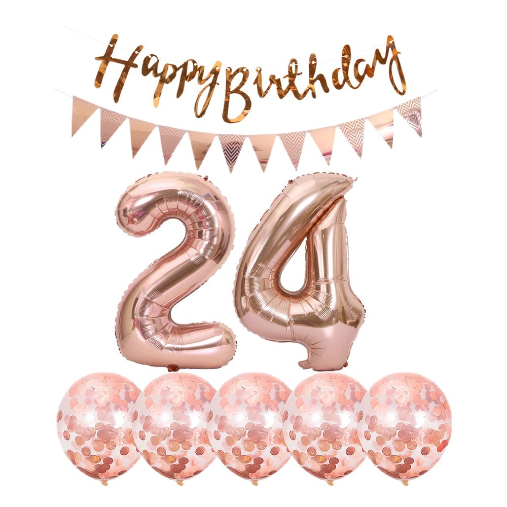 2 Balloons Number 24+ haappy Birthday Garland + Rose Gold Banner foil Balloon 24th Birthday Decoration+5 Confetti Balloons boy Girl 24 Year Birthday Decoration Number Balloon 24 Balloons 24 Birthday
