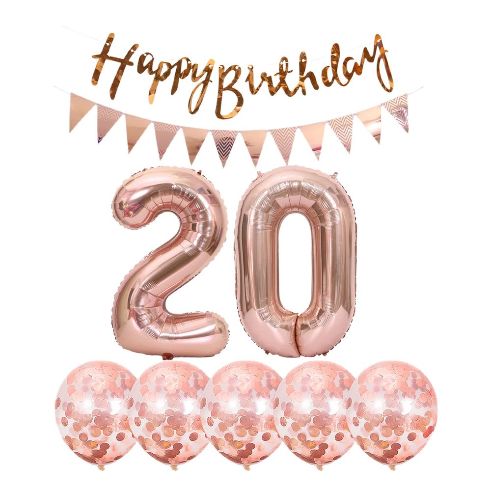 2 Balloons Number 20+ haappy Birthday Garland + Rose Gold Banner foil Balloon 20th Birthday Decoration+5 Confetti Balloons boy Girl 20 Year Birthday Decoration Number Balloon 20 Balloons 20 Birthday