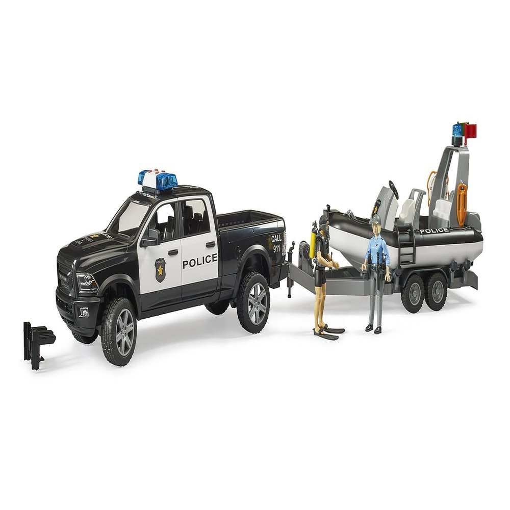 Bruder RAM 2500 Police Pickup with L + S Module Trailer, Boat and 2 Figures