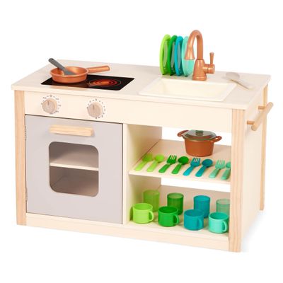 Battat  Play Kitchen & Market  Toddler  Friendly Size  Chalkboard Menu & Oven Dials  25 Toy Cooking Accessories  2+ Years  Two n' One Cookin' Fun