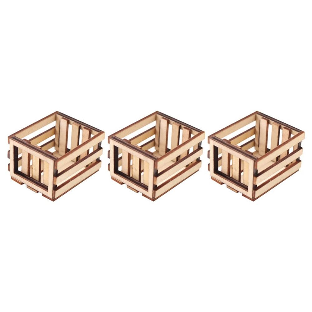 Toddmomy Mini House Storage Basket 3-Pack Miniature Wooden Crates Decorative Dollhouse Accessories for DIY Photo Props and Fairy Garden Scenes 1.96X1.69X1.29In