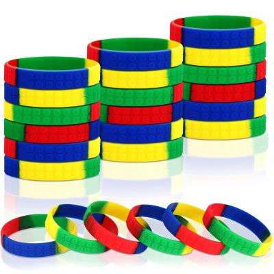 48 Pack Color Brick Party Favors Kids Silicone Bracelet Building Block Wristbands Party Supplies for Boys Girls Birthday Party Stuffing