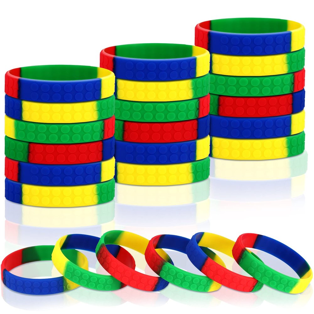 48 Pack Color Brick Party Favors Kids Silicone Bracelet Building Block Wristbands Party Supplies for Boys Girls Birthday Party Stuffing
