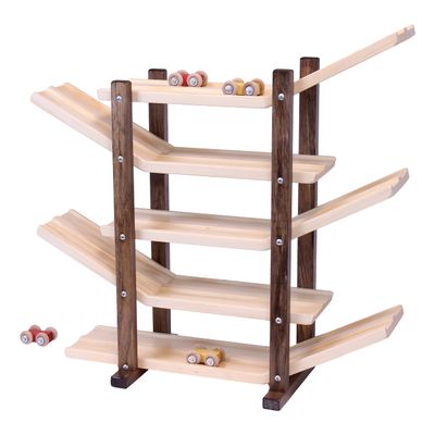 AmishToyBox.com Car Roller Racetrack Wooden Toy - CPSIA-Approved Child-Safe Finish - Pack of Cars Included (Walnut and Natural Finish)