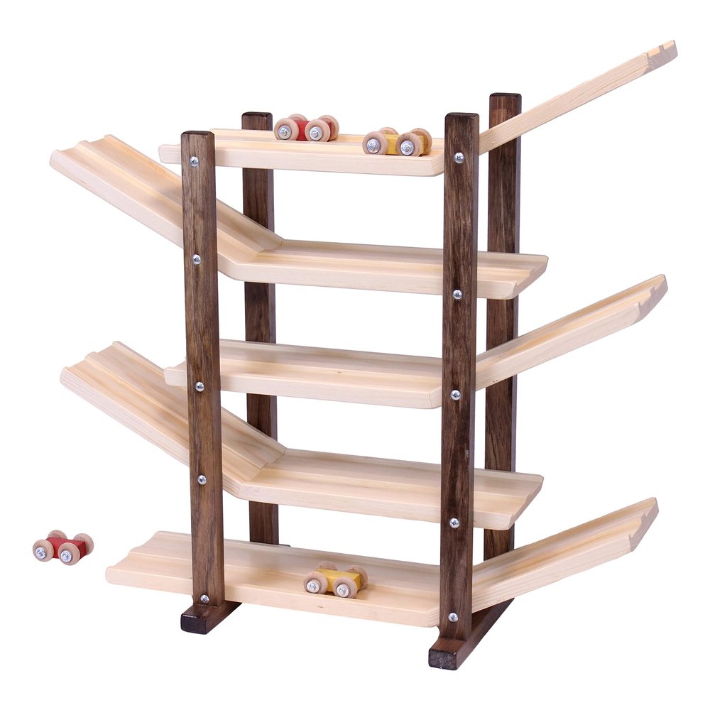 AmishToyBox.com Car Roller Racetrack Wooden Toy - CPSIA-Approved Child-Safe Finish - Pack of Cars Included (Walnut and Natural Finish)