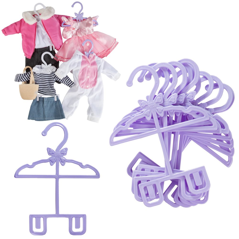 Dress Along Dolly Doll Full-Outfit Clothes Hangers for 18" Dolls - 12pk - Compatible w American Girl- Unique Design Holds Your Top & Bottom at Once Including Dresses, Pants, Shirts, Skirts- Purple