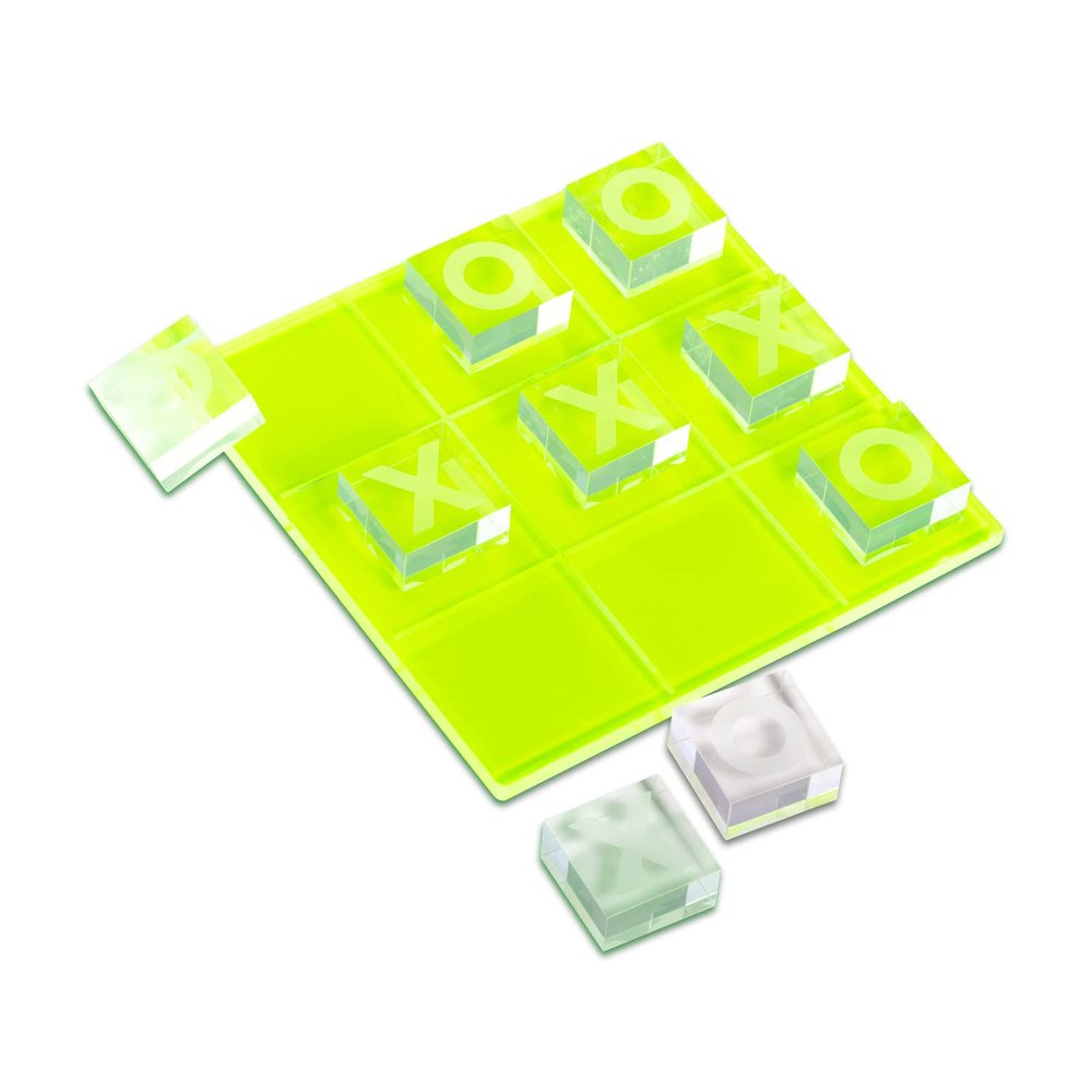 Bey-Berk Vince Acrylic Tic Tac Toe Game (Neon Yellow), 8" x 8" Board with Clear X and O Cubes, Modern Coffee Table Accent