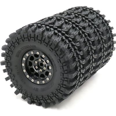 HOBBYSOUL 4pcs RC 1.9 Mud Terrain Tires Super Grip Soft Crawler Tyre 121mm/4.75inch & Aluminium 1.9 Beadlock Wheel Rim (pre-Mounted)