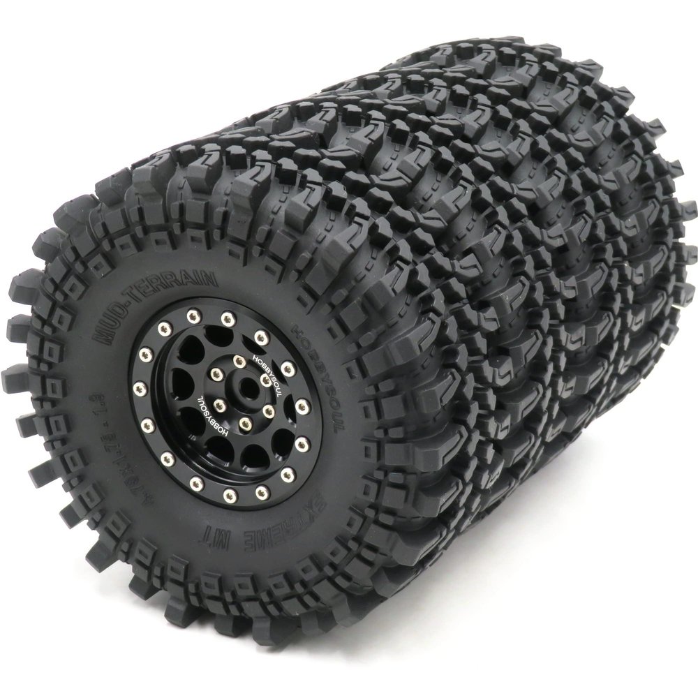 HOBBYSOUL 4pcs RC 1.9 Mud Terrain Tires Super Grip Soft Crawler Tyre 121mm/4.75inch & Aluminium 1.9 Beadlock Wheel Rim (pre-Mounted)