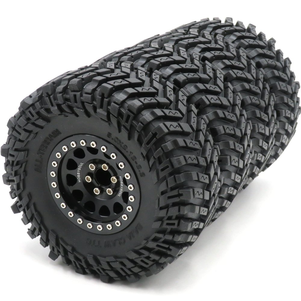 HOBBYSOUL 4pcs RC 2.2 Tires Tyres Height 127mm/5.0inch & Aluminium 2.2 Beadlock Wheels -10mm Negative Offset Rims Black Color for RC Mud Crawler All Terrain TRX4 Gen8 Capra Wraith,(Assembled)