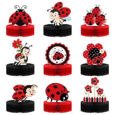 9 Pieces Ladybug Party Honeycomb Centerpieces Ladybug Themed Party Decorations Supplies Kit Paper Centerpiece Cake Ball Fancy Table Topper for Birthday Baby Shower