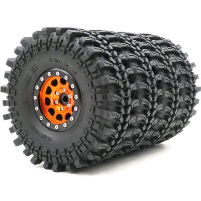 HOBBYSOUL 4pcs RC 1.9 Mud Terrain Tires Super Grip Soft Crawler Truck Tyre 121mm/4.75inch & Aluminium 1.9 Beadlock Wheel Rim Hex 12mm Orange/Black Color, (pre-Mounted)