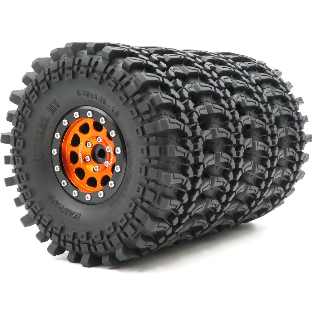 HOBBYSOUL 4pcs RC 1.9 Mud Terrain Tires Super Grip Soft Crawler Truck Tyre 121mm/4.75inch & Aluminium 1.9 Beadlock Wheel Rim Hex 12mm Orange/Black Color, (pre-Mounted)