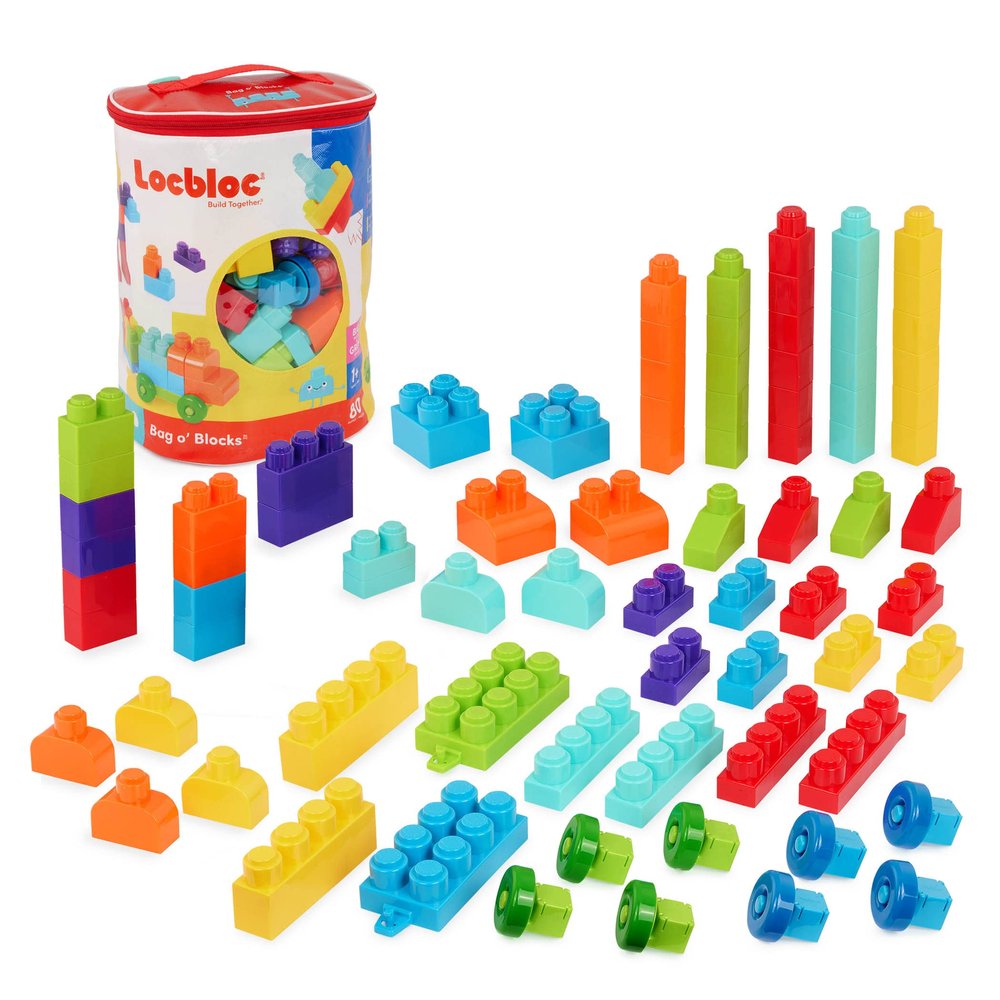 Battat  Large Building Blocks  80 Colorful Pieces  8 Wheel Bricks  Zippered Storage Bag  12 Months +  Bag o' Blocks