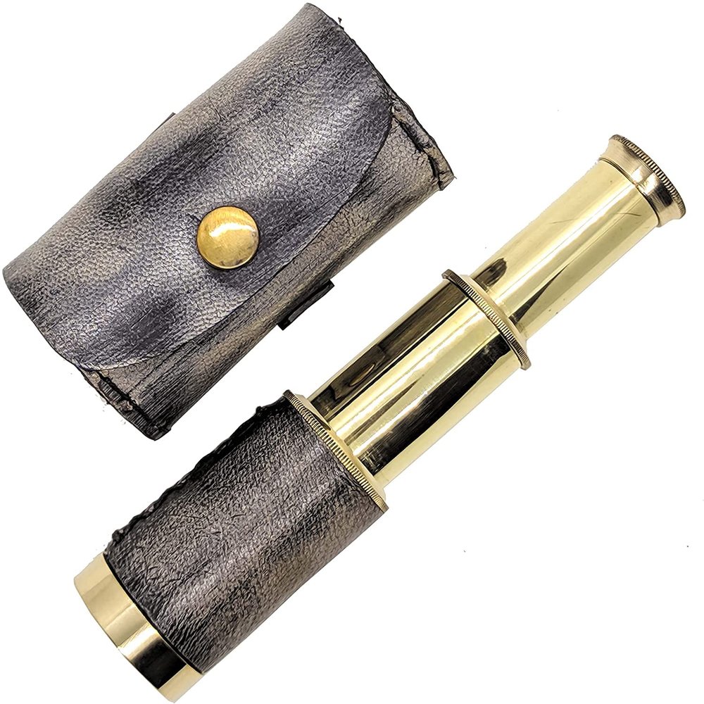 6" Handheld Brass Telescope with Leather Box - Pirate Navigation, Xmas Present Gifts