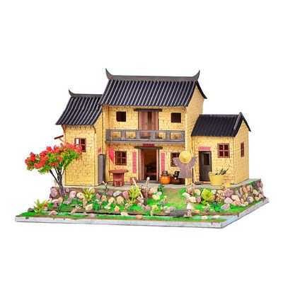 Montidey DIY Miniature Dollhouse Kit,3D Chinese Style Ancient Building Courtyard Model,Handmade Wooden Mini House Building Toys Creative Birthday Gift (Mountain House)