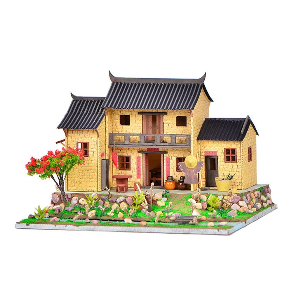 Montidey DIY Miniature Dollhouse Kit,3D Chinese Style Ancient Building Courtyard Model,Handmade Wooden Mini House Building Toys Creative Birthday Gift (Mountain House)