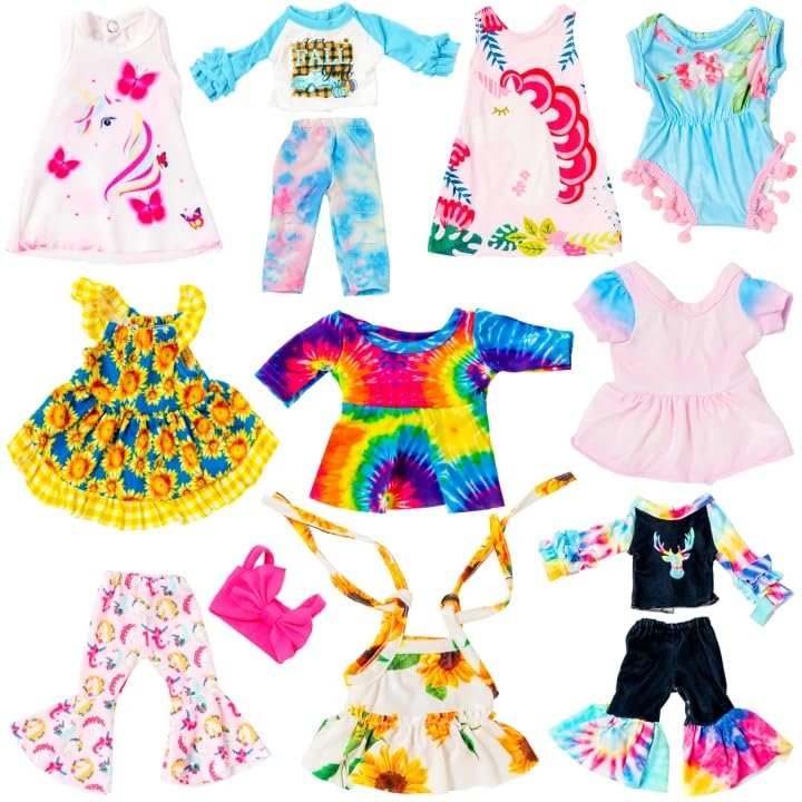 ECORELF 10Pcs Baby Doll Clothes & Accessories - Including Dresses, T-Shirts, Pants, Jumpsuit, Bell-Bottomed Pants for Kids Girls Gift 12 Inch Doll Random Style