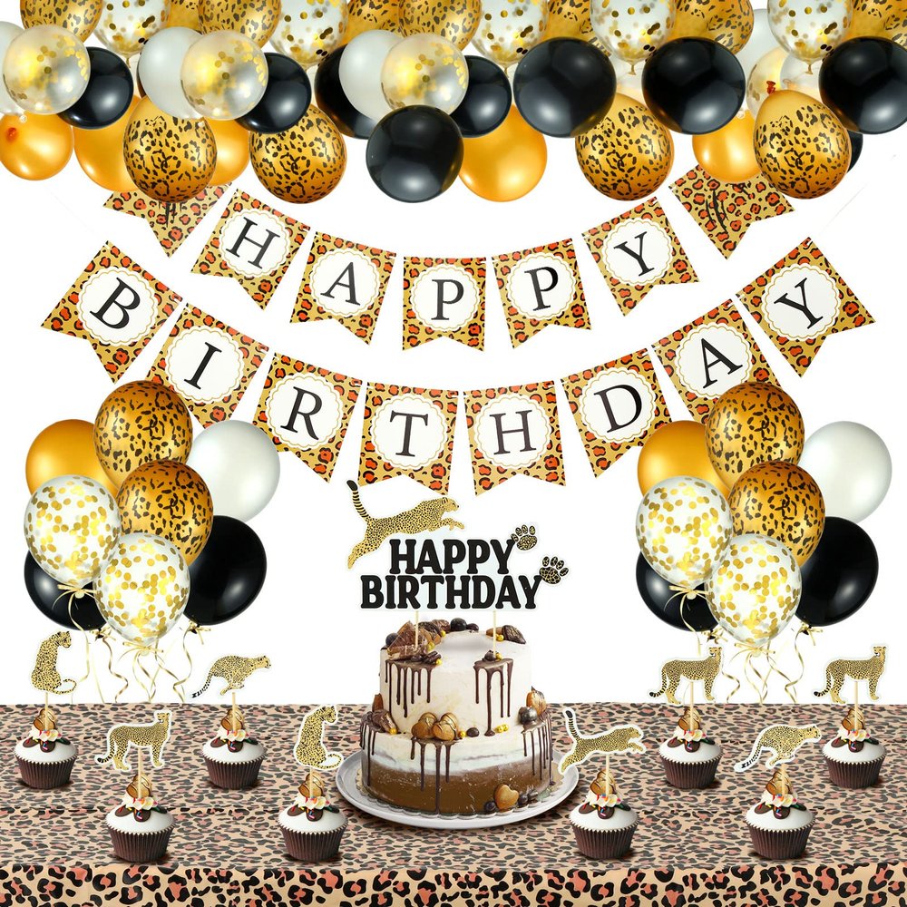 Civaner 51 Pieces Gold Cheetah Birthday Decorations Including Cheetah Birthday Banner Theme Balloons Leopard Cake Topper Safari Animal Print Tablecloth and Ribbon for Baby Shower Party Supplies