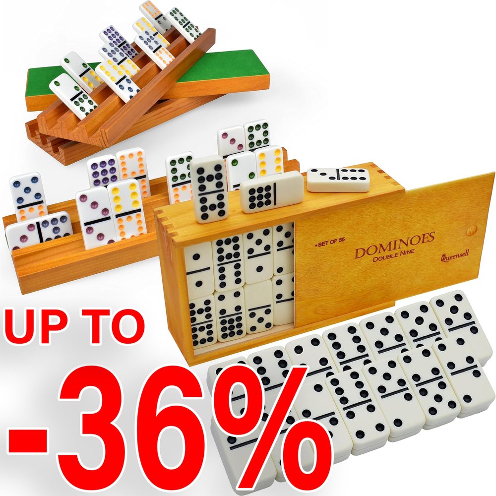 Queensell Dominoes Double 9 + Domino Holders Large