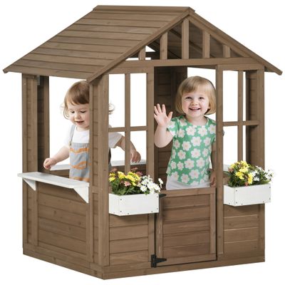 Outsunny Kids Wooden Playhouse, Outdoor Garden Games Cottage, with Working Door, Windows, Flowers Pot Holder, 47" x 38" x 54"