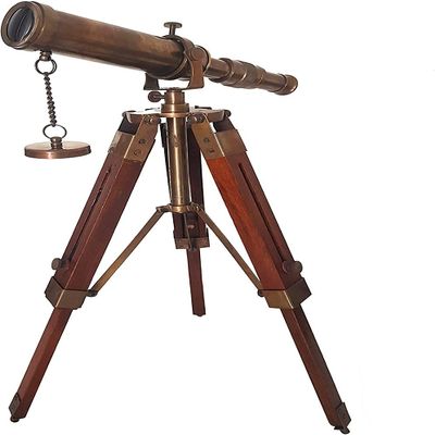 Brown Antique Brass Spyglass Telescope with Desktop Wooden Tripod Stand Vintage Marine Scope Decorative