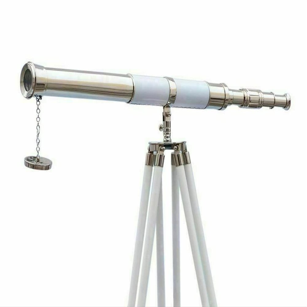 Chrome Nautical Floor Standing Brass 39 inch Telescope with Wooden Tripod Stand