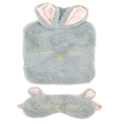 1.5 Litre Hot Water Bottle, Grey Plush Cover with Rabbit Ears and Matching Eye Mask