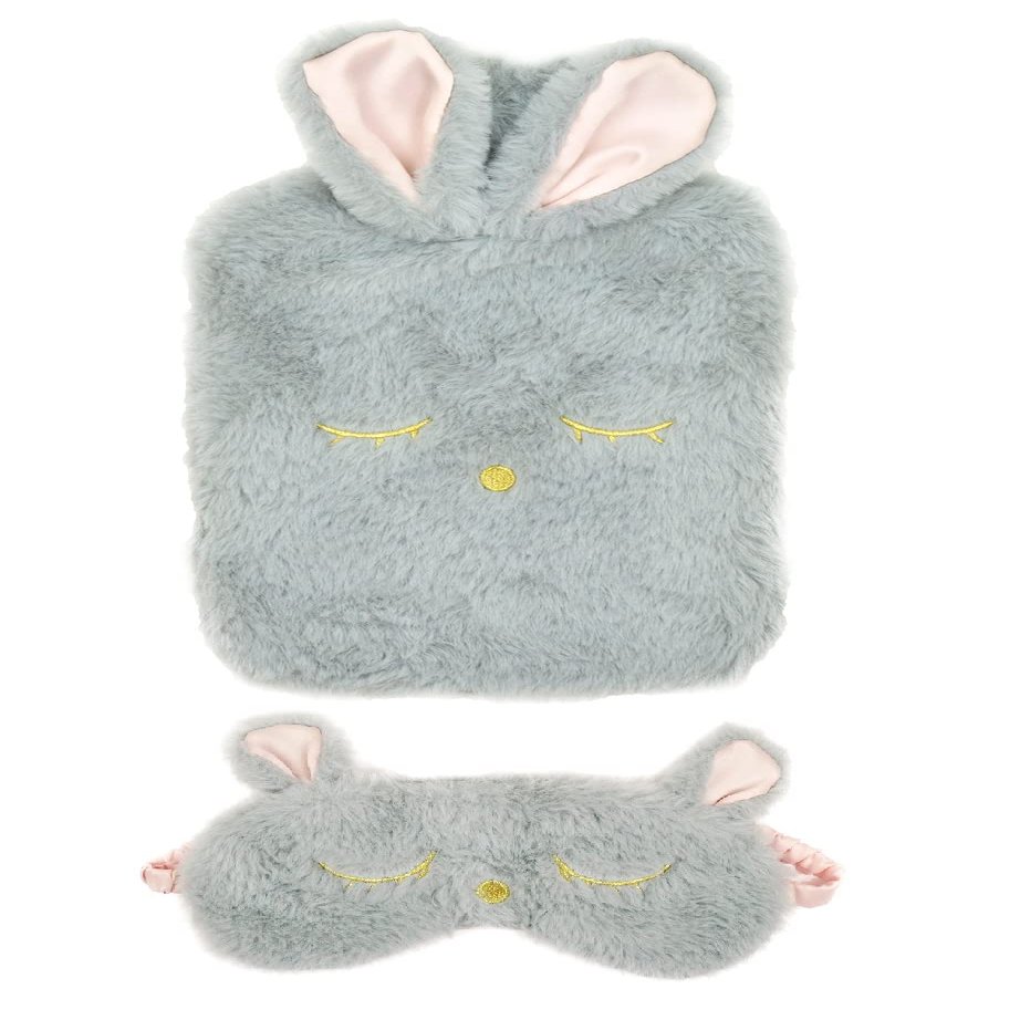1.5 Litre Hot Water Bottle, Grey Plush Cover with Rabbit Ears and Matching Eye Mask
