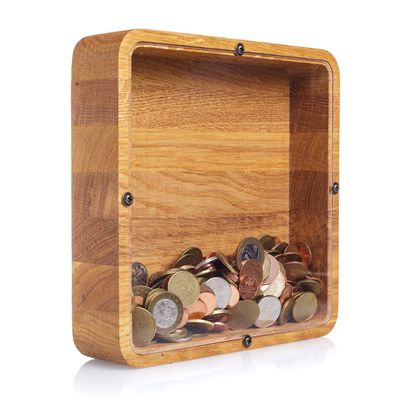 Adult piggy bank square - Wedding money box - Coin saving case for girls and boys - Unique wooden tip jar - Perfect eco friendly kid gift - Strong and natural oak wood 2 SIZES (Standard)