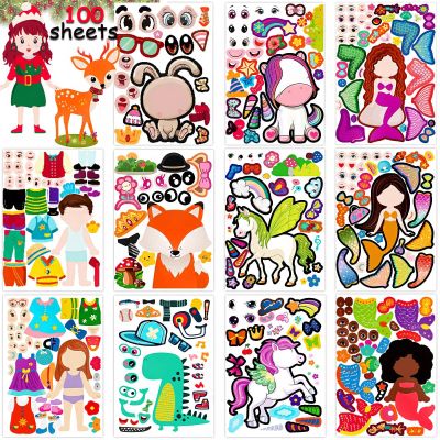 100 Pack DIY Make Your Own Animal Face Stickers - 25 Designs, Funny Mermaid Princess Prince Face Stickers for Kids, Party & Festival Favor, School Reward, Art & Craft