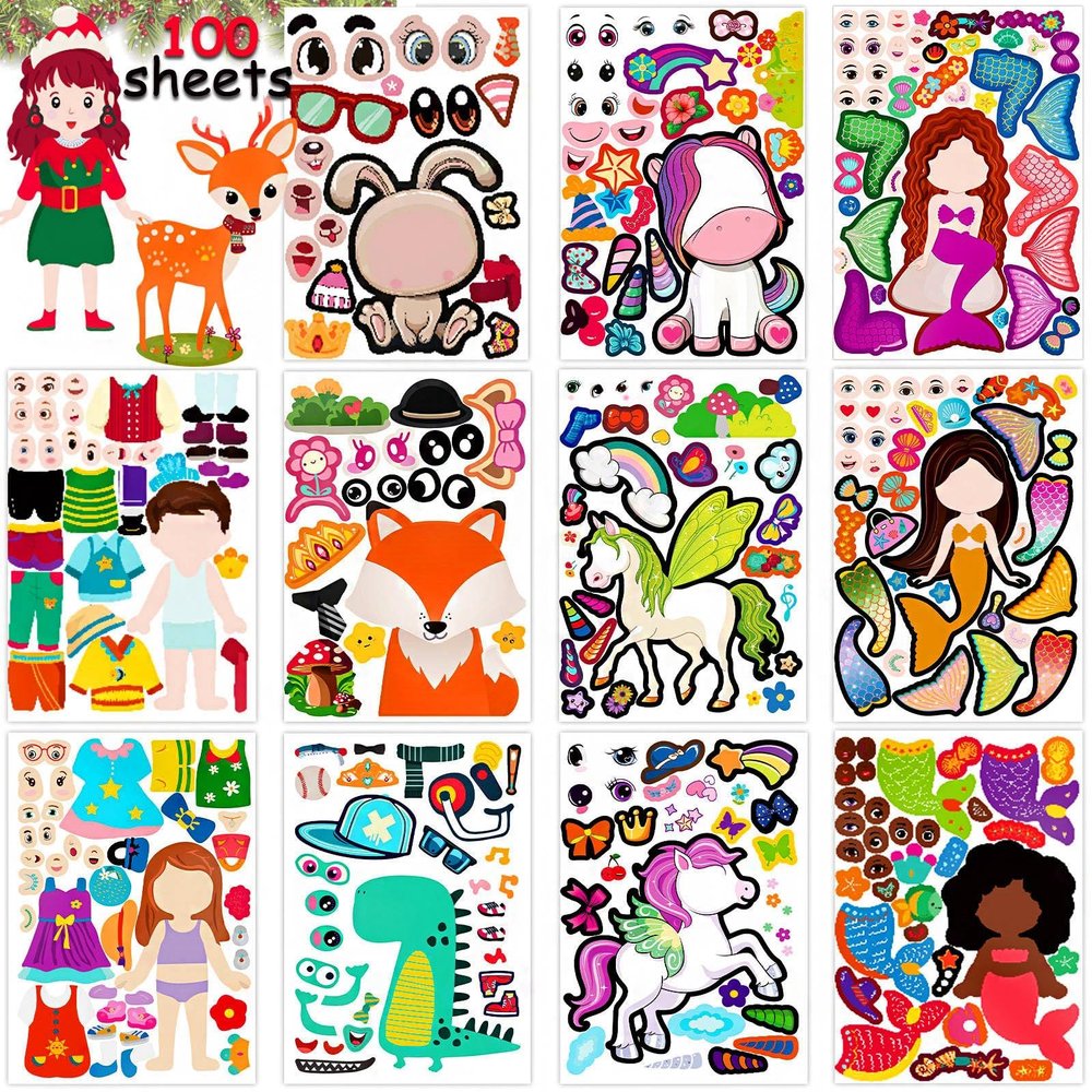 100 Pack DIY Make Your Own Animal Face Stickers - 25 Designs, Funny Mermaid Princess Prince Face Stickers for Kids, Party & Festival Favor, School Reward, Art & Craft