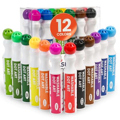 Darice Washable Dot Markers for Toddlers, 12 Colors (40ml 1.35oz) Paint Marker Dot Art Set, Water Based Non-Toxic Bingo Daubers for Kids