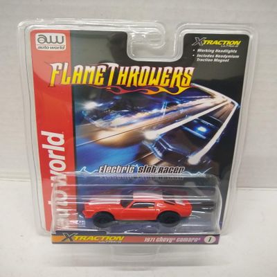 Auto World SC366-1 1971 Camaro HO Scale Electric Slot Car - Red Orange with White Stripes