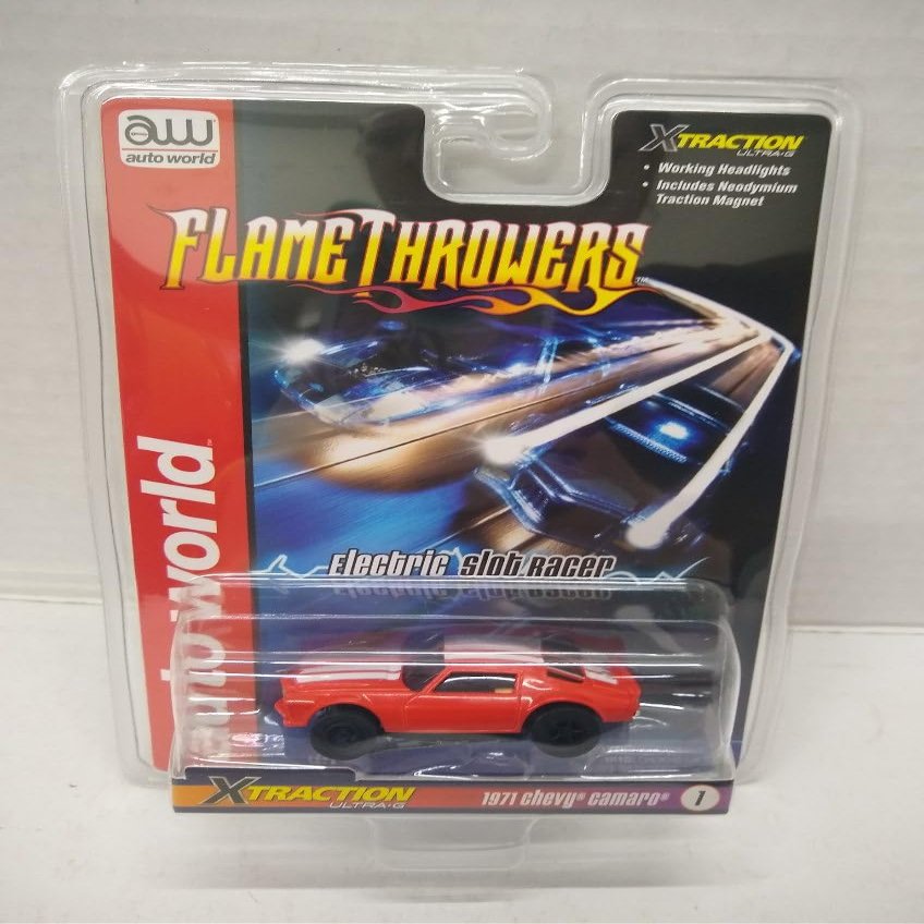 Auto World SC366-1 1971 Camaro HO Scale Electric Slot Car - Red Orange with White Stripes