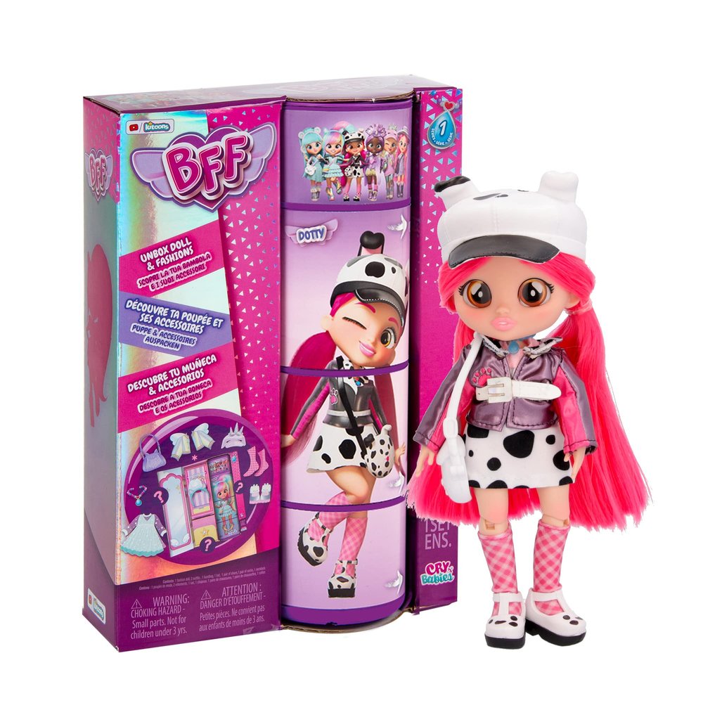 BFF by Cry Babies Dotty Fashion Doll with 9+ Surprises Including Outfit and Accessories for Fashion Toy, Girls and Boys Ages 4 and Up, 7.8 Inch Doll